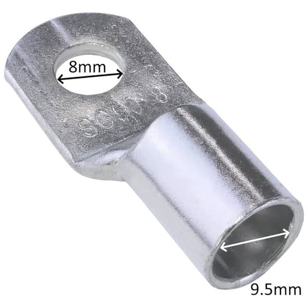Pakke med 10 uisolerede rørformede ringterminaler Ø8 mm — 50 mm², 45 mm, kobberlegering (sølv)