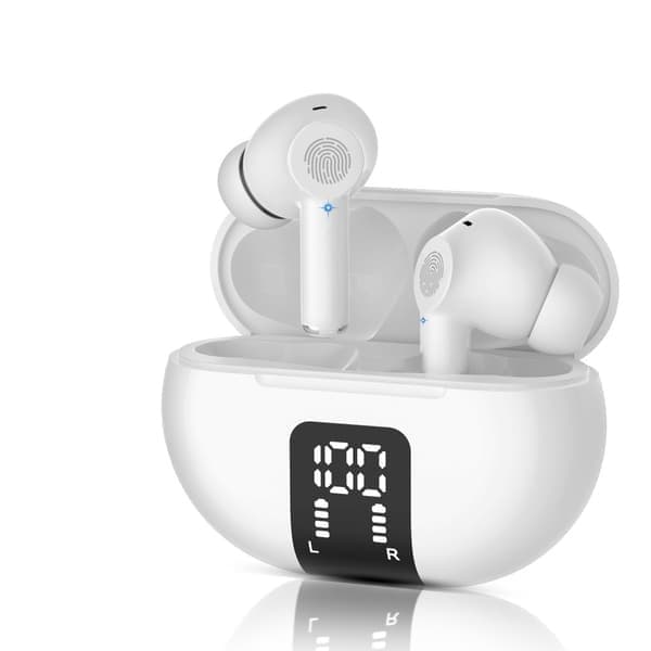 Bluetooth 5.3 trådløse hodetelefoner - HiFi stereolyd, vanntette in-ear hodetelefoner med mikrofon for iPhone/Samsung/Android, hvit