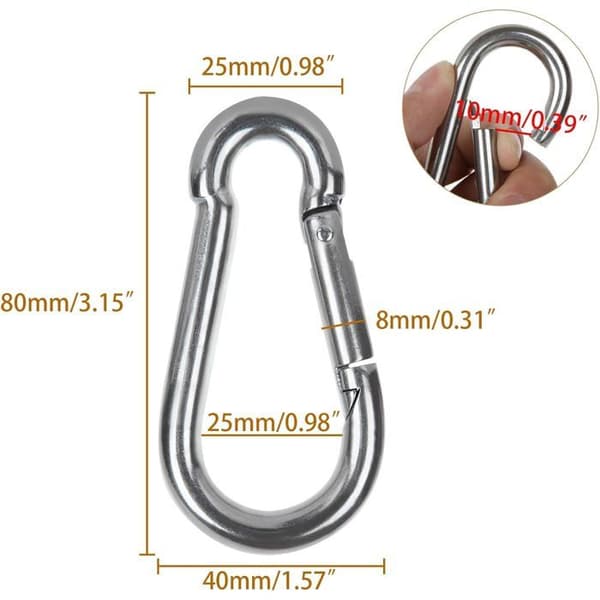 M8 80mm karbinhake - 304 rostfritt stål - 500 kg kapacitet - Förpackning med 8