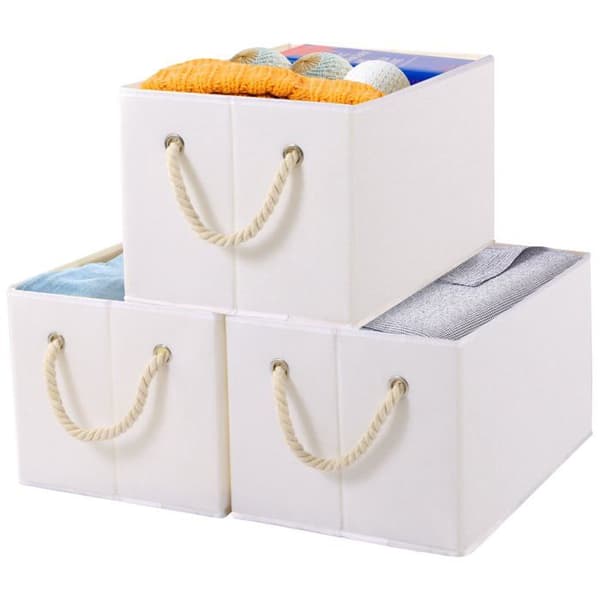 Sett med 3 sammenleggbare oppbevaringsbokser i Oxford-stoff, 37x26x21 cm - off-white