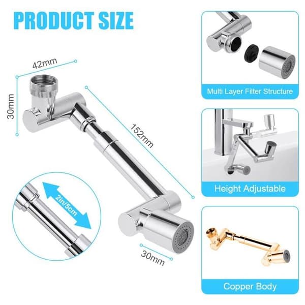 1440° kranlufter - 4 ledd 360° - 5 cm teleskoparm - Dusj-/boblemodus