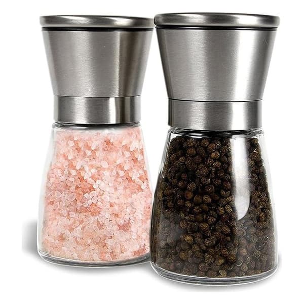 Sæt med 4 salt- og peberkværne, originalt rustfrit stål, kobberbørstet rustfrit stål og glaskrop, krydderikværne - 160 ml