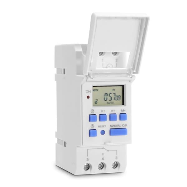 Programmerbar ukentlig tidsbryter med LCD-skjerm, 6 uttak, hvit, 60-dagers minne, 12/24/36V