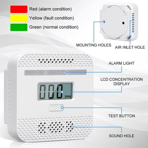 Mini rund LCD-kolmonoxiddetektor EN50291 - 85 dB bärbart larm