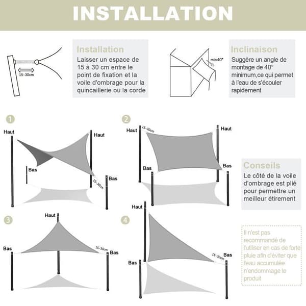 Trekantet solseil 4×4×5,65 m - vanntett polyester, UV-beskyttelse, kremfarget