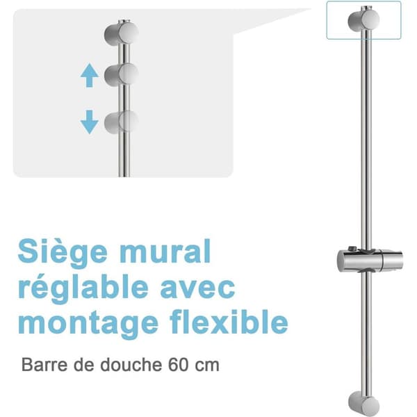 60 cm dusjstang, dusjstøtte 26 til 59 cm, med dusjhodeholder, erstatningsdusjstang, krom