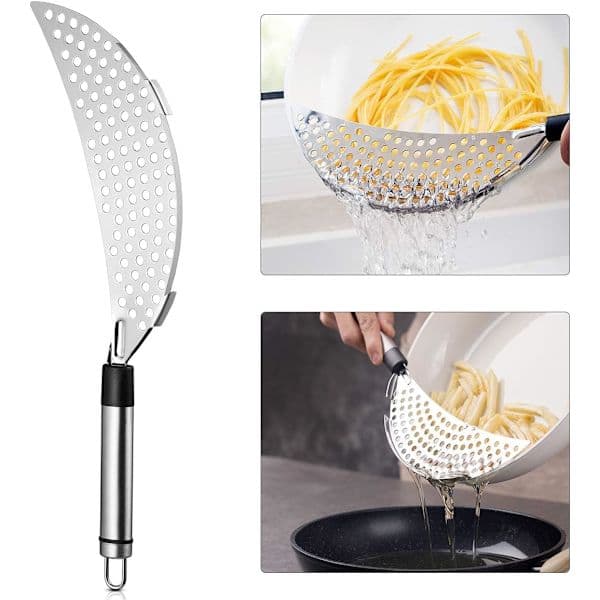 Pastasil med håndtak, halvmåneformet sil i rustfritt stål