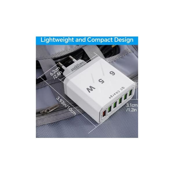 Multi-USB-lader, 65W 6-ports USB hurtiglader med QC 3.0 smart hurtiglader, universell USB-A strømadapterlader for 15 Pro Max, 14 Plus