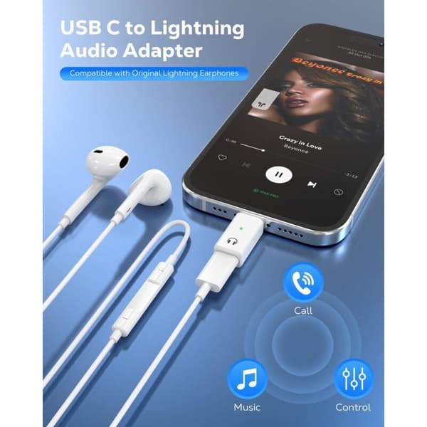 Lightning til USB-C lydadapter, USB-C til Lightning-adapter for hodetelefoner og øretelefoner kompatibel med iPhone Air 17, 16, 15 Pro Max Plus og
