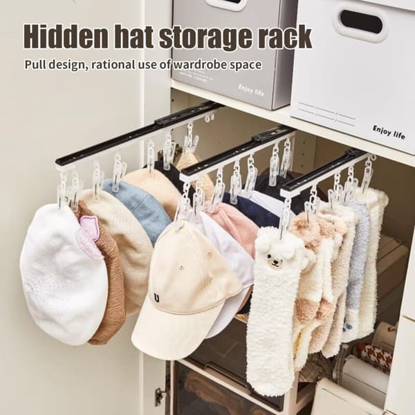 Hattehylde, vægmonterede hatteknager med 10 klips, selvklæbende holdere til garderobeskab, push-pull hattehylde til hatte, sokker, undertøj, 30 cm