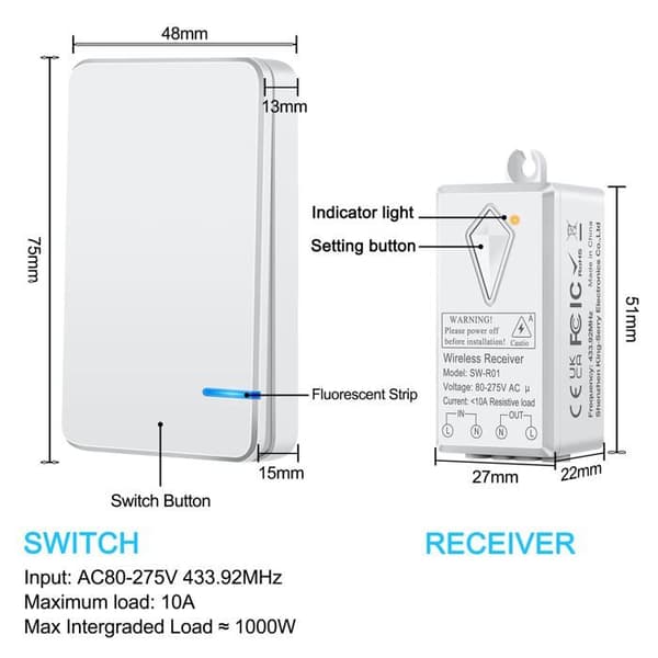 433 MHz trådløs bryter - Pakke med 2 sendere + 1 mottaker, IP66, 10 A, ≤1000 W