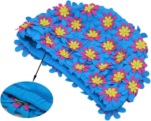 Badmössa med blommönster, retrostil, för kvinnor (Blå)