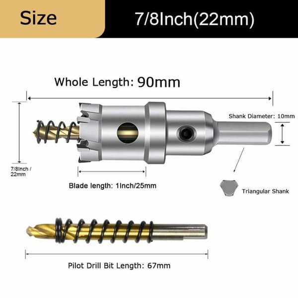 TCT 22 mm wolframcarbid hulsav, 25 mm dybde, 10 mm skaft + 2 titanium pilotbor