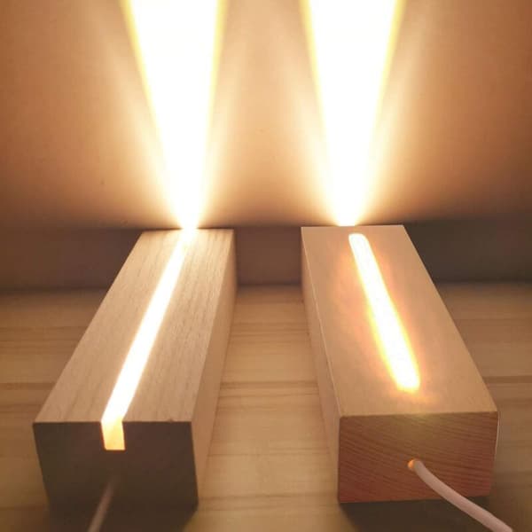 LED-ljusbas i trä – Set med 2 rektangulära plattor – USB-belysning för akrylplattor – Varmvitt ljus