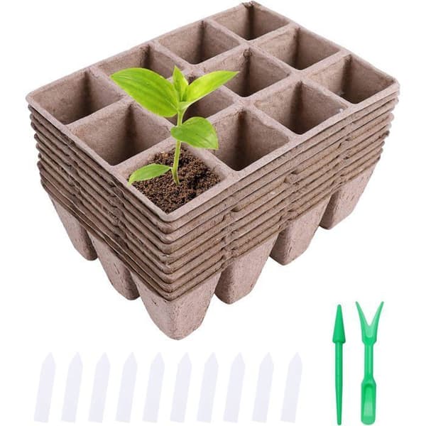 Biologisk nedbrytbare såbrett, 10 stk - 12 celler (16×12×5 cm), 4×4×5 cm potter