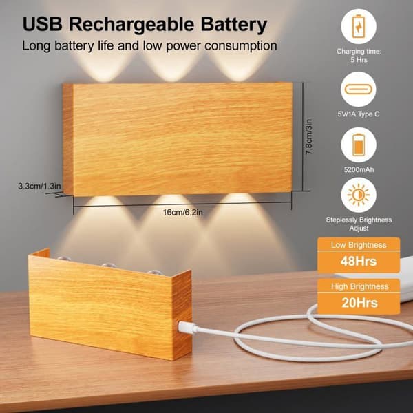 5200mAh Trådløs Vegglampe - USB-C, Dimbar, 3 Temperaturer, Magnetisk, Trefarge, Integrert LED