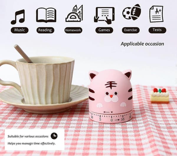 Sød tigerformet tidsstyring mekanisk køkkenur til køkken, studie, daglig (pink)