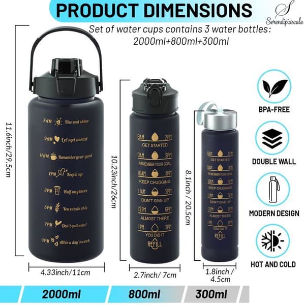 Set med 3 isolerade vattenflaskor, 2L + 800ml + 300ml, BPA-fria, med sugrör för kvinnor och män