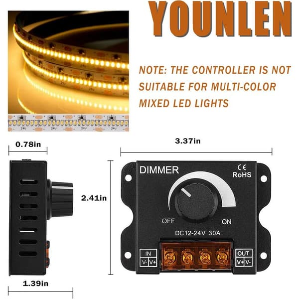 Roterende LED-dimmerkontroller DC 12V-24V 30A PWM dimmerknapp for justering av lysstyrke (pakke med 2)