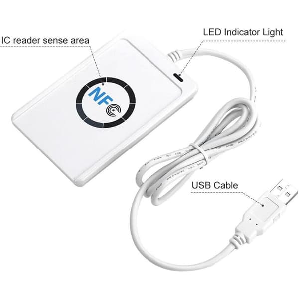 NFC RFID-leser, ACR122U smartkortleser, NFC RFID smartkortleser, ISO 14443A/B RFID-leser med gratis programvare, hvit