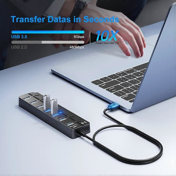 Port USB Hub Splitter Multi Hub USB 3.0 Adapter USB Flere Porter Strømadapter med Strømbryter