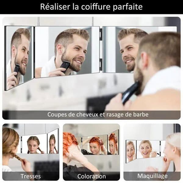 Tresidigt foldespejl med krog - Glas og ABS - til hårstyling og barbering - sort