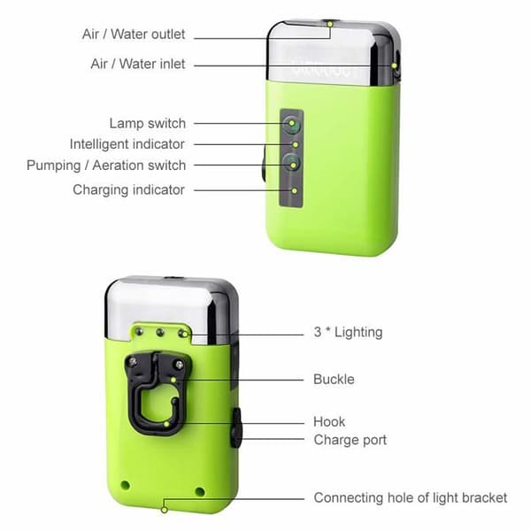 3-i-1 Bärbar Akvarie-Luftpump - Luftning, Automatisk Pump & Belysning, USB, 40 dB