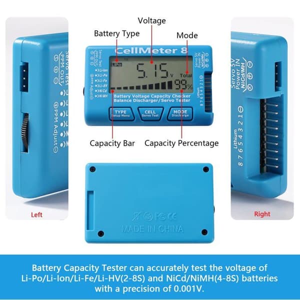 Digital Li-Po/Li-Ion/Li-Fe/NiMH Batterikapacitetstestare 2-8S Blå LCD-skärm