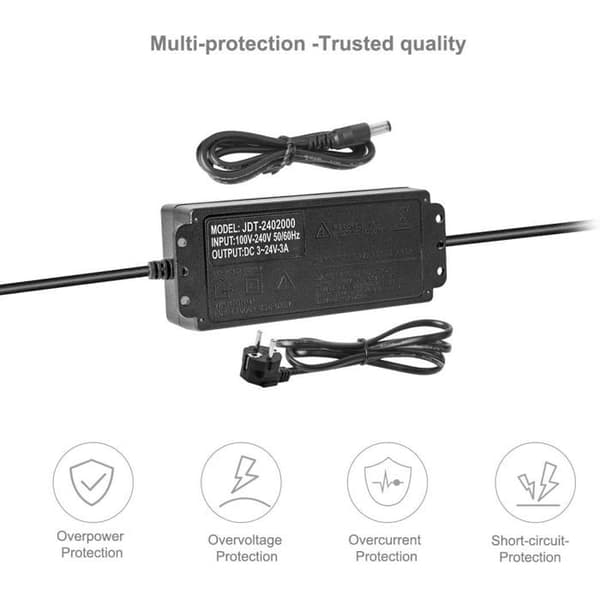 Justerbar AC/DC-adapter DC3-24V - 3A - 3-24V Justerbar - 15-72W