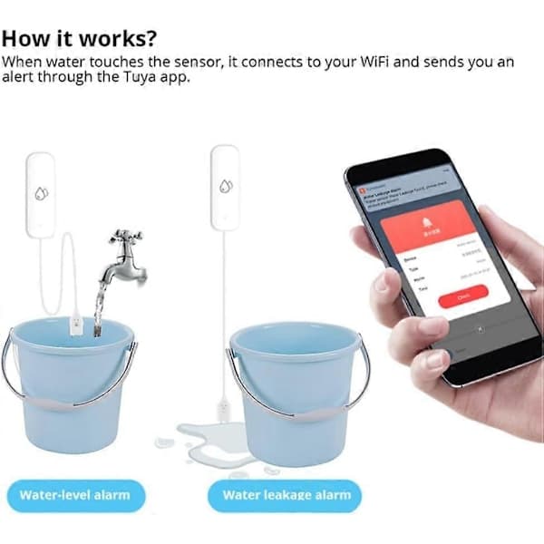 2 st vattenläckagedetektorer, Tuya Smart Home Wifi vattenläckage nedsänkningssensor, app-larmkontroll