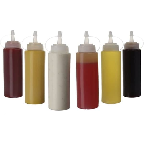 (6-pack) 250 ml plastflaskor med trycklock - Perfekta mätflaskor och såsdispensrar för ketchup, majonnäs, BBQ-sås - Transparenta