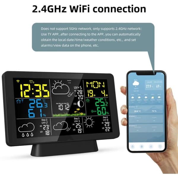 Smart WiFi väderstation med färgskärm, utomhussensor och larm