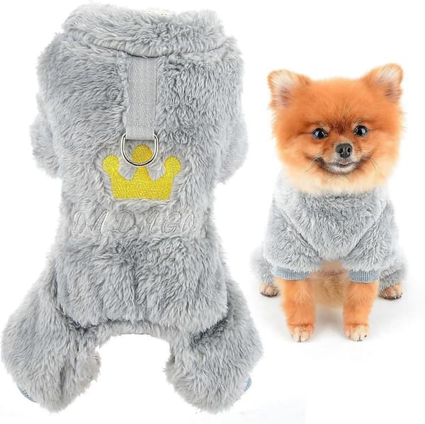 Hundpyjamas för små hundar, husdjurspulloverpyjamas med broderad krona och D-ring, mjuk vinter- och höstoverall
