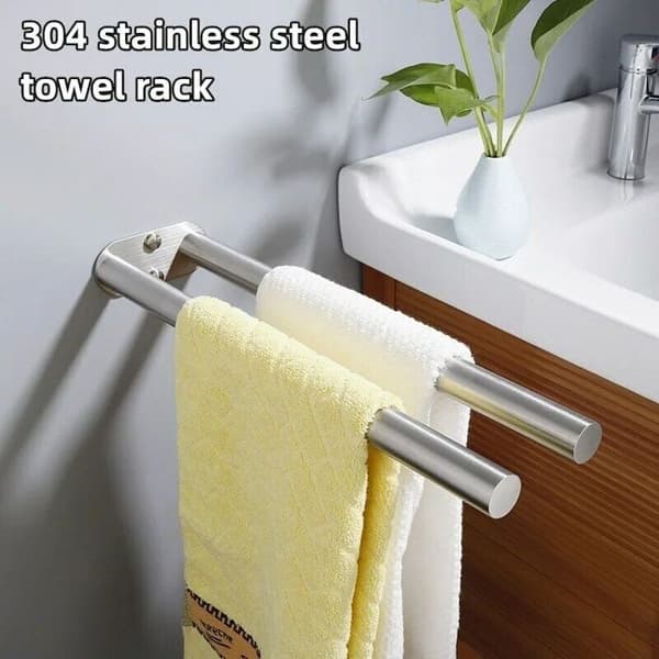 Veggmontert dobbel håndklestativ, sølvfarget rustfritt stål, 39,6×10×2,5 cm