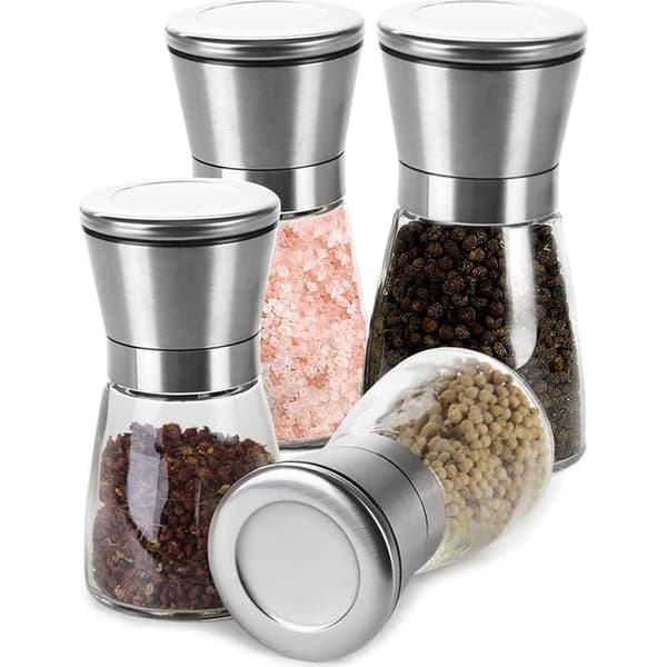 Sæt med 4 salt- og peberkværne, originalt rustfrit stål, kobberbørstet rustfrit stål og glaskrop, krydderikværne - 160 ml