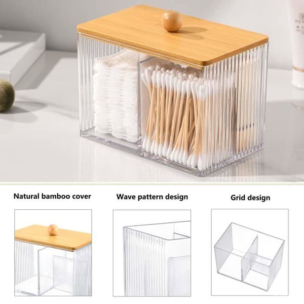 Transparent akryldispenser med bambulock - för bomullstussar och bomullspinnar 13,7×8,8×9,6 cm