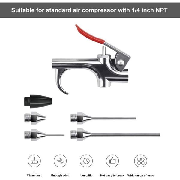 Trykkluftblåsepistolsett – 5 utskiftbare dyser, sinklegering, kompatibel med 1/4\" NPT