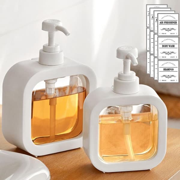Sæbedispenser, genopfyldelig sæbedispenser til køkken og badeværelse, sæbedispenser med vandtæt etiket, opvaskemiddeldispenser, 300 ml, 2 stk.