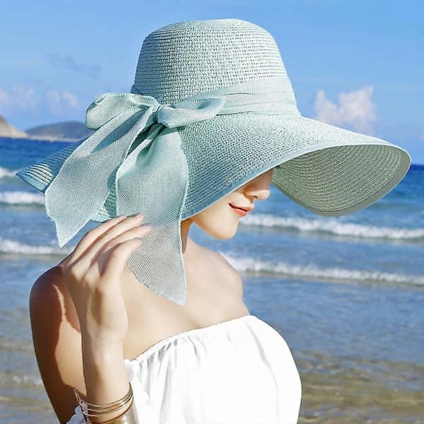 Hat Kvindelig Solbeskyttelse Sammenfoldelig Stor Skygge Sol Strandhat Strand Solhat Kystferie Udflugt Stråhat, Mintgrøn