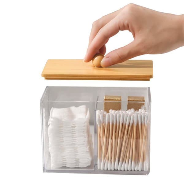 Transparent akryldispenser med bambulock - för bomullstussar och bomullspinnar 13,7×8,8×9,6 cm