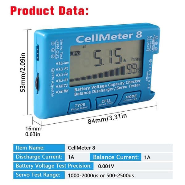 Digital Li-Po/Li-Ion/Li-Fe/NiMH Batterikapasitetstester 2-8S Blå LCD-skjerm