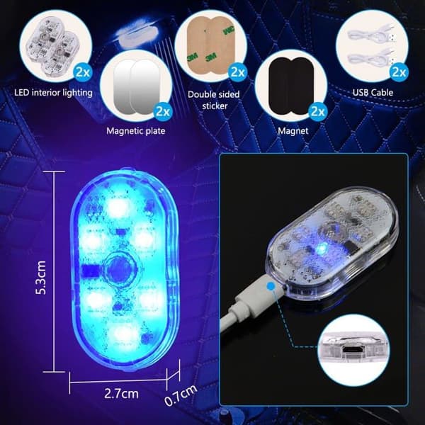 2 stk. 6LED Bilinteriørlys - 7 farver - USB genopladelig - Berøringskontrol