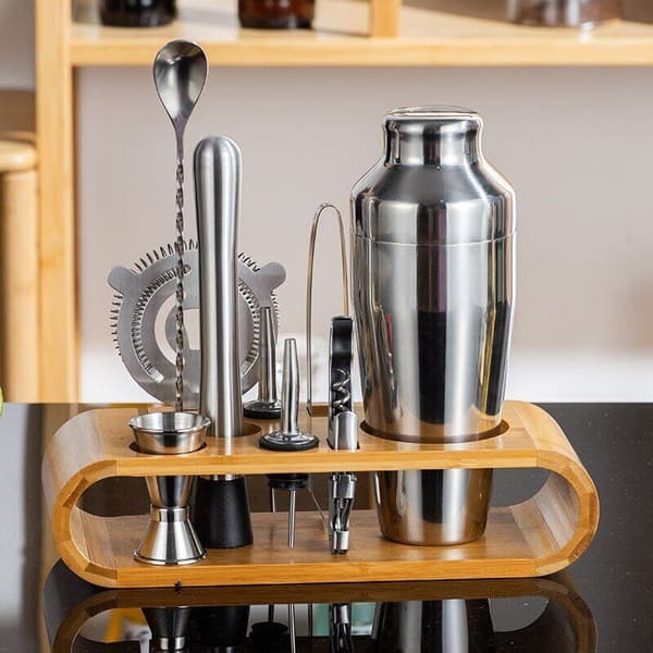 Bartenderset, rostfritt stål/bambu, 550 ml Cobbler Shaker, 10 delar, silver/brun