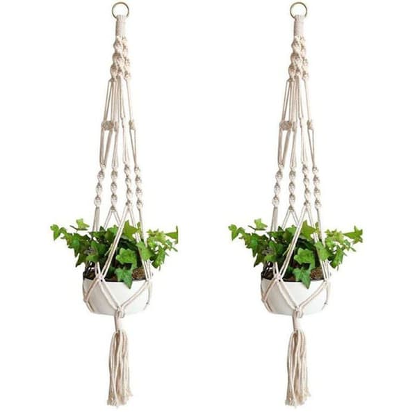2-pack makrame-växthängare i 100 cm bomullsrep – vit hängande stöd för krukor med 18 cm diameter