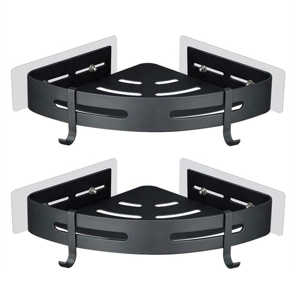 Hjørnebruserhylde uden boring - 2 stk., mat sort aluminium, 22,5×22,5 cm