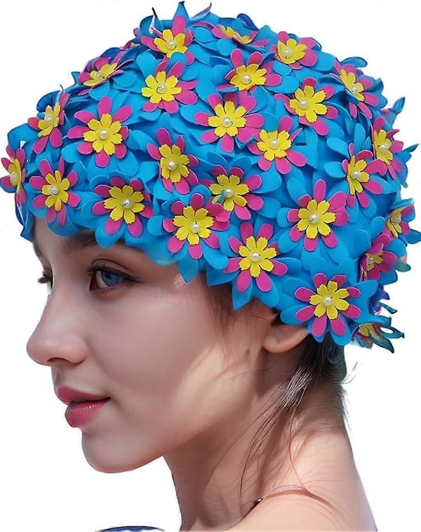 Badmössa med blommönster, retrostil, för kvinnor (Blå)