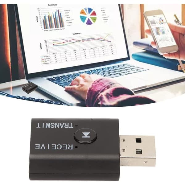USB Bluetooth-sender/mottaker, 2-i-1 TX- og RX-moduser, støtter Bluetooth 5.0 SBC-kodek, 3,5 mm og USB-A-kontakter, lett design