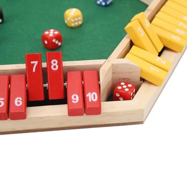 Shut the Box terningespil - Luk kassen terningespil - 6 spillere - 6 farver - træbord