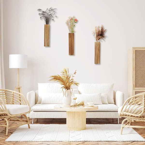 Sæt med 3 moderne vægvaser i træ – Mål 2,5 x 5,6 x 29,5 cm – Til stueplanter og tørrede blomster