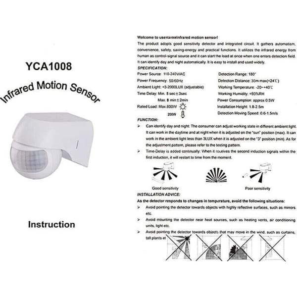 Utomhus infraröd rörelsedetektor, 30m räckvidd, 180° vinkel, väggmontering, vit